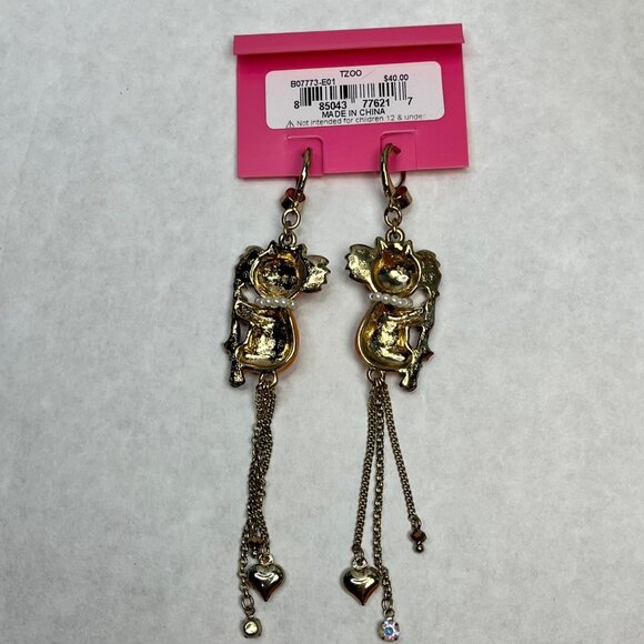 Betsey Johnson Orange Koala Drop Earrings With Rhinestones Gold Chains nwt $40 - Picture 3 of 4